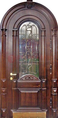 Арочная металлическая дверь массив со стеклом и ковкой ДА-50 в Краснознаменске