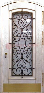 Железная дверь Винорит в форме арки со стеклом и ковкой ДА-53 в Краснознаменске