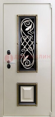 Белая стальная дверь с ковкой со стеклопакетом и МДФ ДК-30 в Краснознаменске