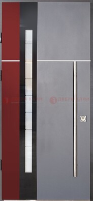 Серая входная дверь с порошковым окрасом и красной вставкой ДП-175 в Краснознаменске
