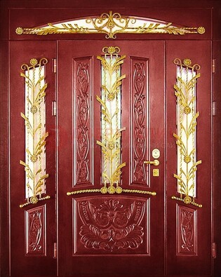 Бордовая железная парадная дверь со стеклом и ковкой ДПР-75 в Краснознаменске