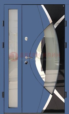 Синяя металлическая дверь со стеклом и узором ДС-13 в Краснознаменске