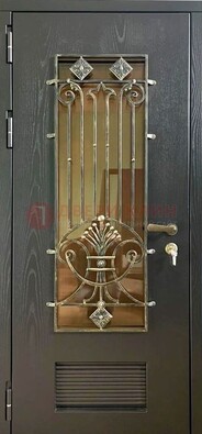 Одностворчатая железная дверь со стеклом и ковкой для дома ДСК-101 в Краснознаменске