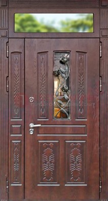 Коричневая железная дверь со стеклом и ковкой на улицу ДСК-127 в Краснознаменске