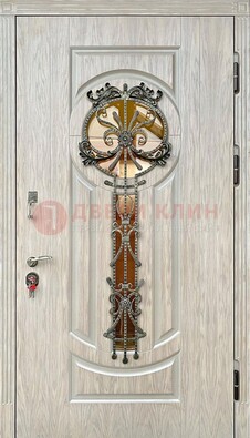 Светлая железная дверь со стеклом ковкой для коттеджа ДСК-134 в Краснознаменске