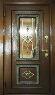 Теплая входная дверь со стеклом и ковкой разноцветной ДСК-13 в Краснознаменске