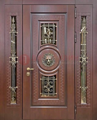 Коричневая стальная дверь со стеклом и ковкой ДСК-147 с фрамугами в Краснознаменске
