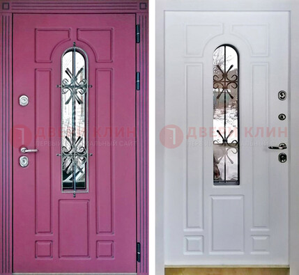 Розовая металлическая дверь со стеклом и ковкой ДСК-151 в Краснознаменске
