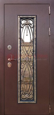 Коричневая стальная дверь порошок со стеклом и ковкой для дома ДСК-169 в Краснознаменске