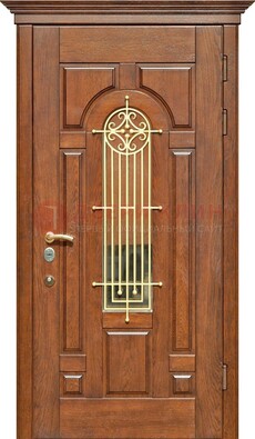 Коричневая железная дверь винорит со стеклом и ковкой ДСК-189 в Краснознаменске