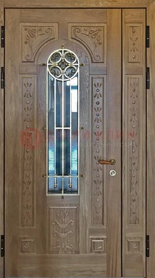 Полуторная стальная дверь стекло с ковкой и узором ДСК-200 в Краснознаменске