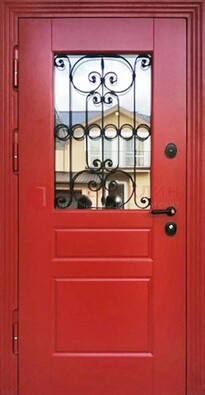 Красная железная дверь Винорит со стеклом и ковкой ДСК-205 в Краснознаменске