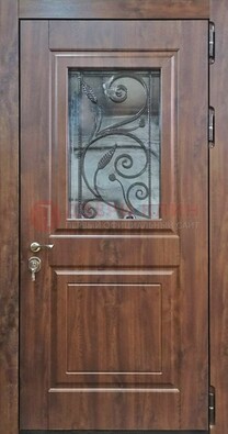 Железная дверь Винорит стекло и ковка с цветом под дерево ДСК-266 в Орехово-Зуево
