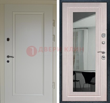 Стальная светлая дверь c МДФ Белый дуб с зеркалом ДЗ-102 в Краснознаменске