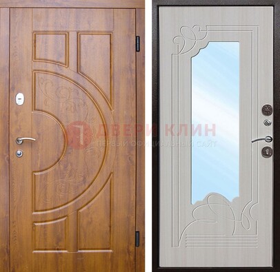Коричневая металлическая дверь c МДФ с узором и зеркалом ДЗ-105 в Краснознаменске