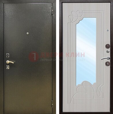 Входная темно-серая дверь c порошковым покрытием и МДФ с резьбой и зеркалом ДЗ-113 в Оренбурге