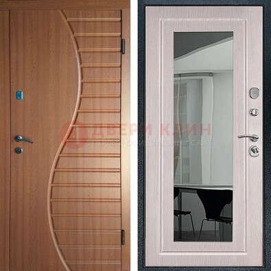 Коричневая железная дверь c виноритом и  МДФ Белый дуб с зеркалом ДЗ-118 в Краснознаменске