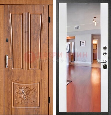 Входная коричневая дверь терморазрыв c виноритом и белая МДФ c зеркалом ДЗ-123 в Краснознаменске