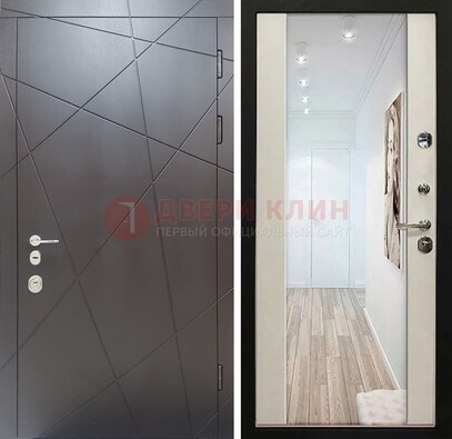 Железная коричневая дверь со светлой МДФ внутри и зеркалом ДЗ-125 в Краснознаменске