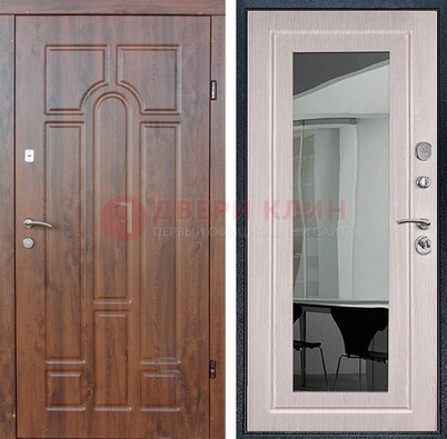 Входная коричневая дверь с МДФ Белый дуб и зеркалом ДЗ-126 в Краснознаменске