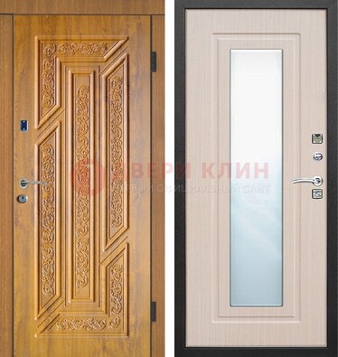 Коричневая железная дверь с зеркалом МДФ Белый дуб ДЗ-128 в Краснознаменске