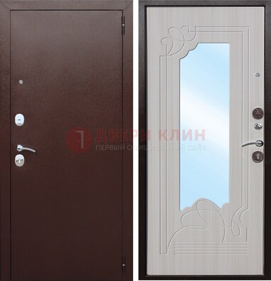 Коричневая металлическая дверь с зеркалом МДФ внутри ДЗ-33 в Химках