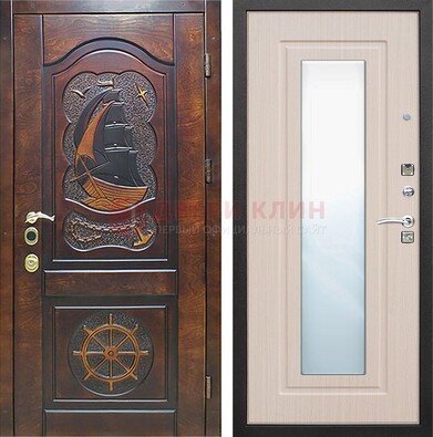 Темная уличная дверь с резьбой и зеркалом внутри ДЗ-49 в Омске