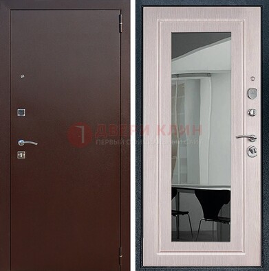 Входная дверь с порошковым напылением Медный антик/Белый дуб с зеркалом ДЗ-63 в Голицино