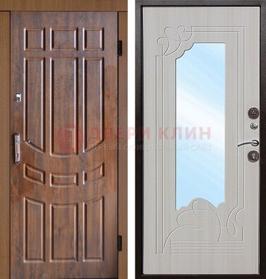 Коричневая уличная дверь c виноритом и терморазрывом МДФ Беленый дуб  с зеркалом ДЗ-97 в Краснознаменске