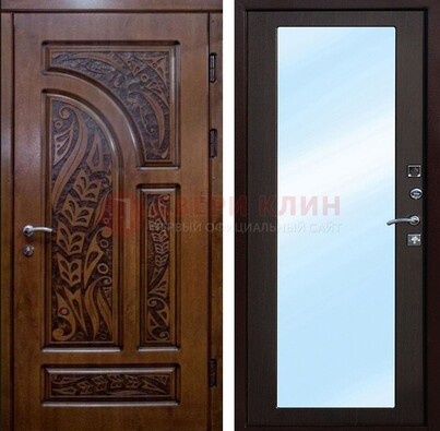 Коричневая входная дверь c узором и виноритом МДФ с зеркалом ДЗ-98 в Краснознаменске