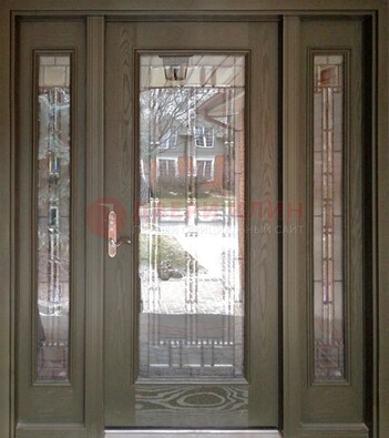 Коричневая стальная дверь с массивом дуба с витражом ВЖ-16 в Краснознаменске