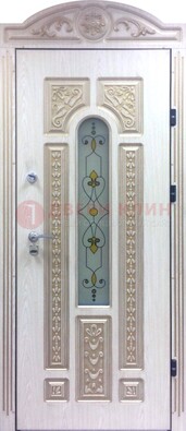 Белая железная дверь с МДФ и витражом ВЖ-26 в Краснознаменске