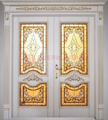 Элитная металлическая дверь с витражом и отделкой массив ВЖ-4 в Краснознаменске