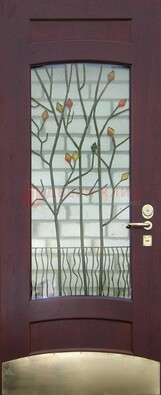 Бордовая стальная дверь с витражом и декоративным элементом ВЖ-3 в Краснознаменске